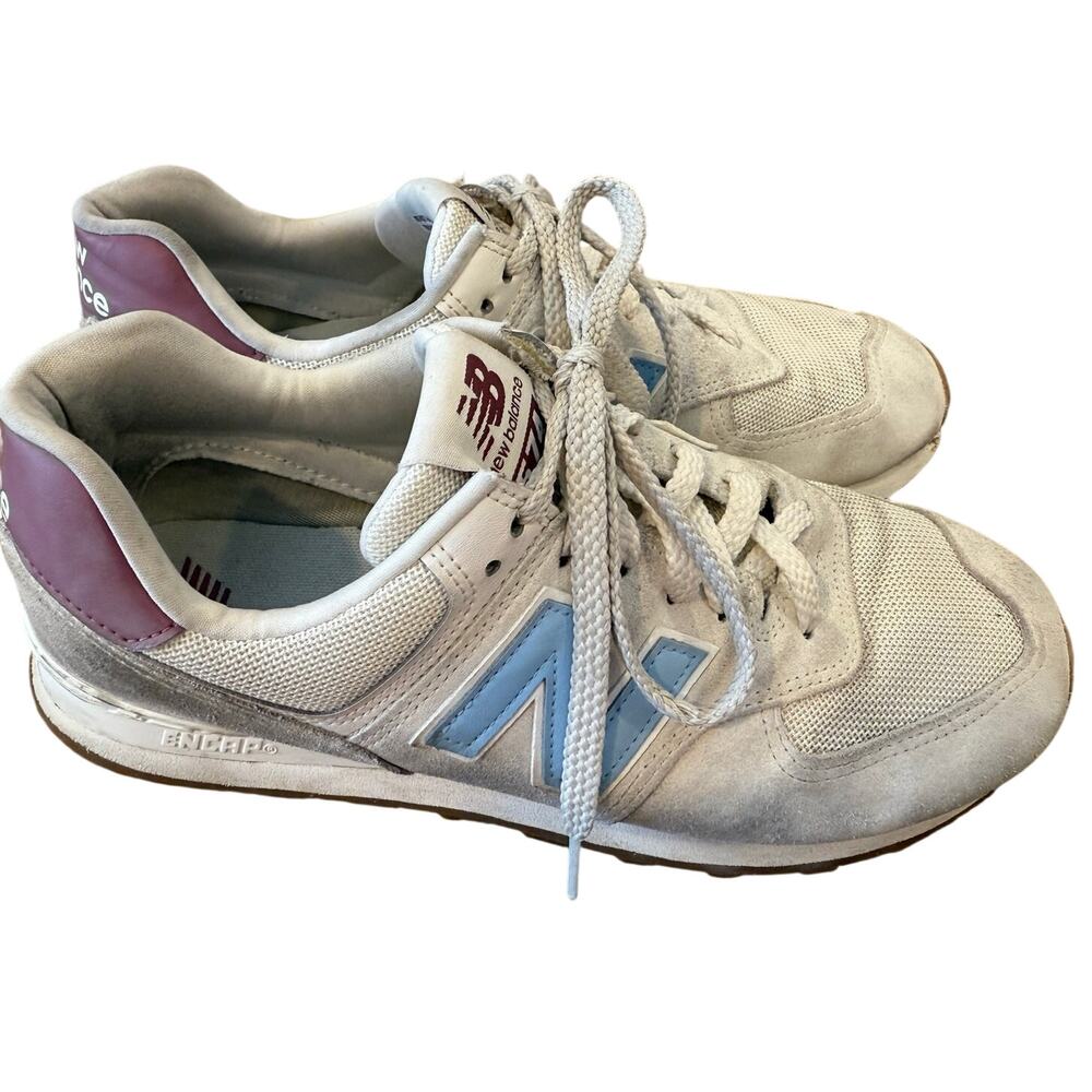 New Balance 574 sneakers Shoes White Blue Purple size 11 W. 9.5 M